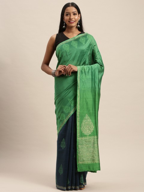 

Taneira Green & Navy Blue Silk Cotton Solid Maheshwari Half and Half Saree