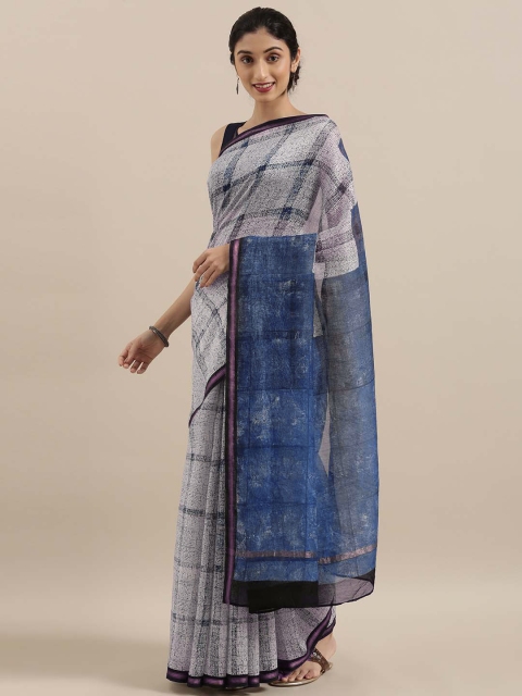 

Taneira Grey & Blue Silk Cotton Checked Chanderi Saree