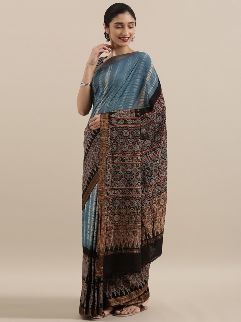 

Taneira Blue & Beige Pure Cotton Printed Block Print Saree