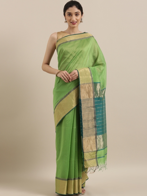 

Taneira Green Silk Cotton Solid Maheshwari Saree