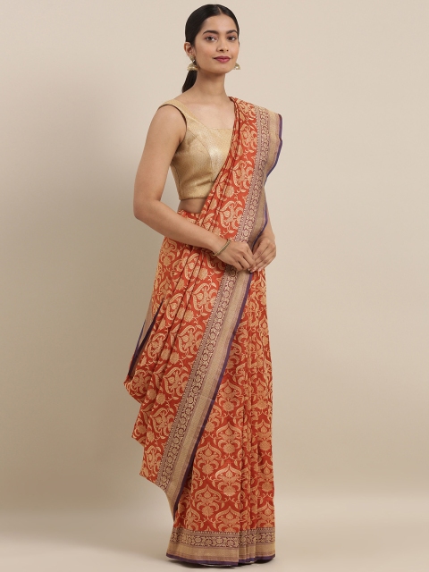 

Taneira Orange & Gold-Toned Pure Silk Woven Design Banarasi Saree