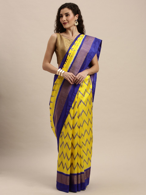 

Taneira Yellow & Beige Pure Silk Handwoven Ikat Saree