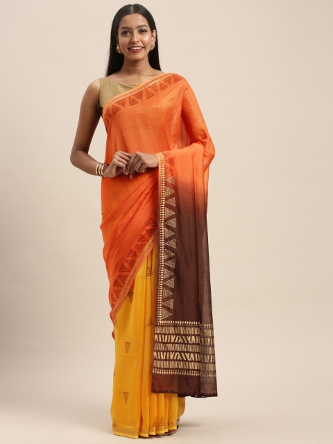 

Taneira Yellow & Brown Silk Cotton Printed Maheshwari Saree