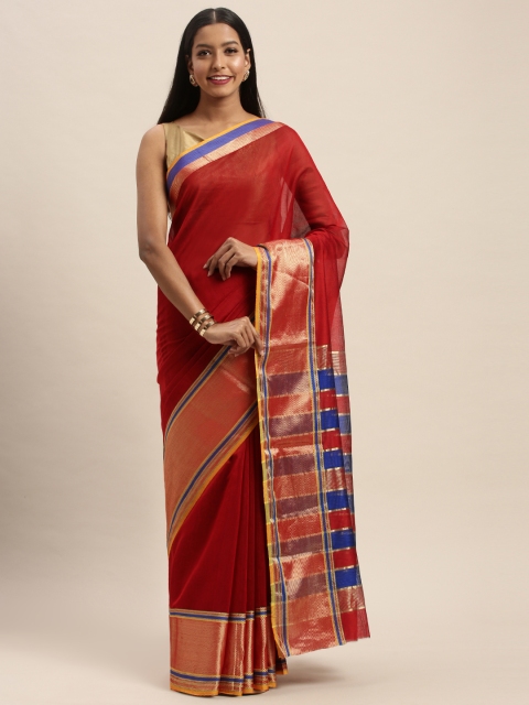 

Taneira Red & Blue Silk Cotton Solid Maheshwari Saree