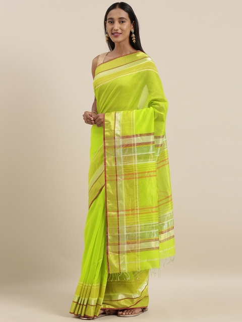 

Taneira Fluorescent Green Silk Cotton Solid Maheshwari Saree