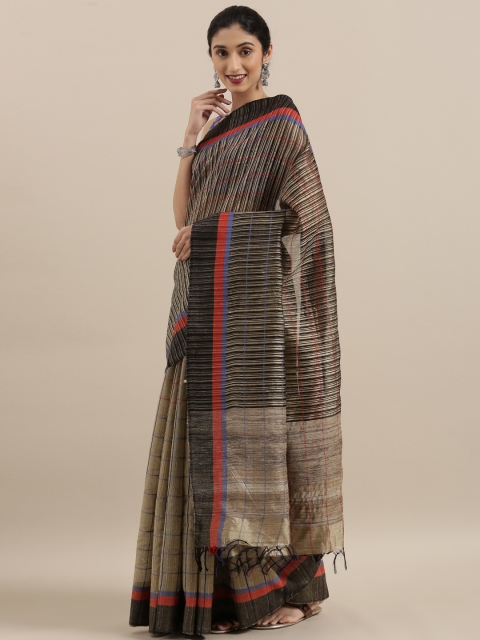 

Taneira Beige & Maroon Pure Silk Checked Tussar Saree