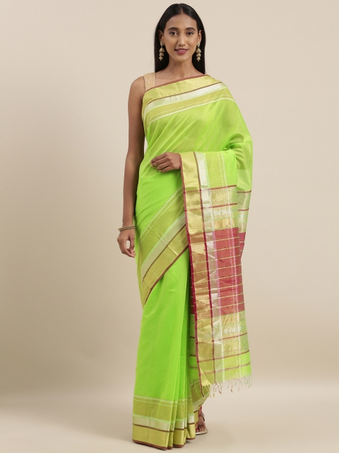 

Taneira Green Silk Cotton Solid Maheshwari Saree