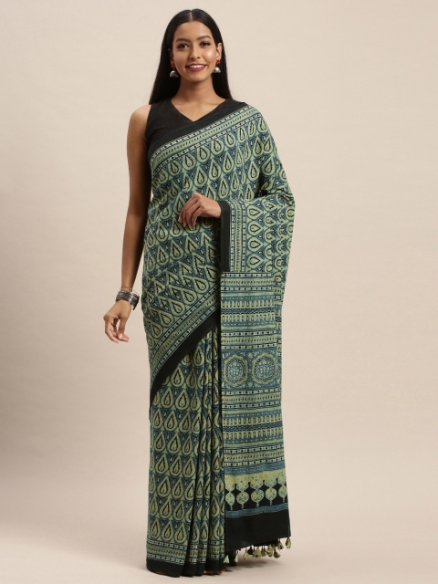 

Taneira Blue & Off-White Pure Cotton Printed Block Print Saree