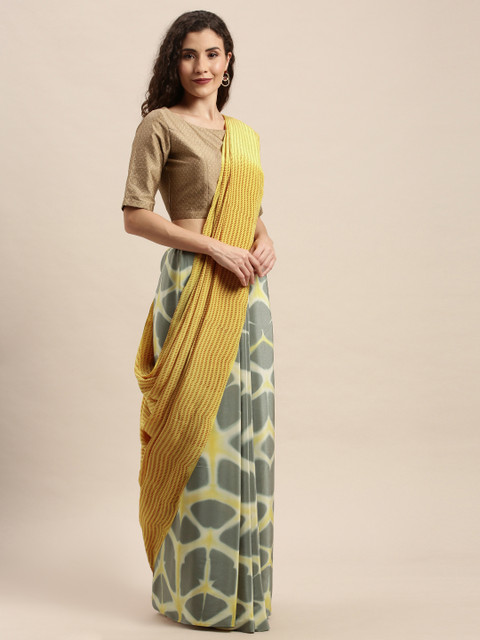 

Taneira Grey & Green Pure Crepe Printed Half & Half Saree