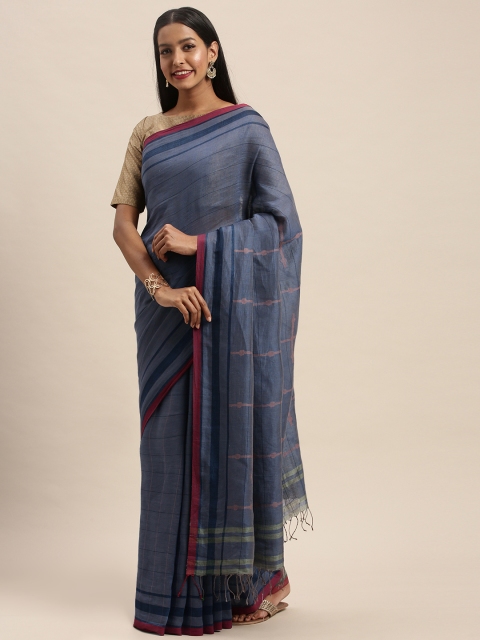 

Taneira Blue & Red Linen Blend Checked Jamdani Saree