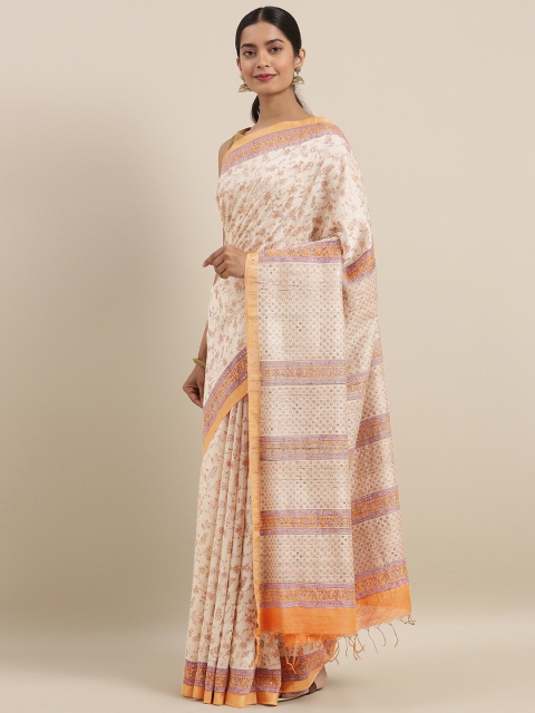 

Taneira Off-White & Peach-Coloured Pure Silk Printed Tussar Saree