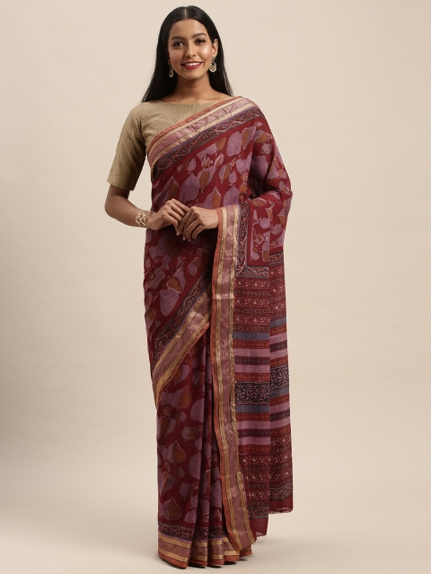 

Taneira Maroon & Purple Pure Cotton Printed Block Print Saree