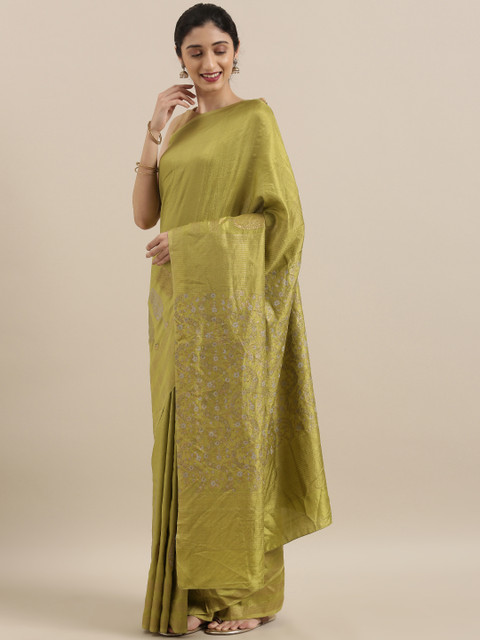 

Taneira Olive Green Pure Silk Solid Block Print Saree