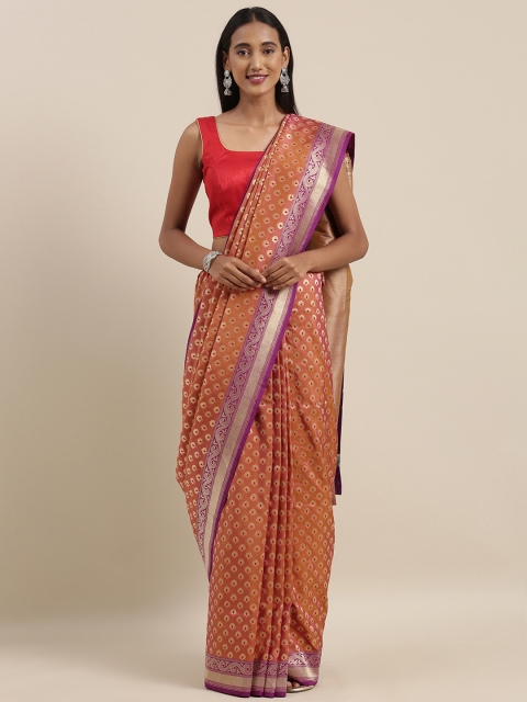 

Taneira Orange & Gold-Toned Pure Silk Woven Design Banarasi Saree