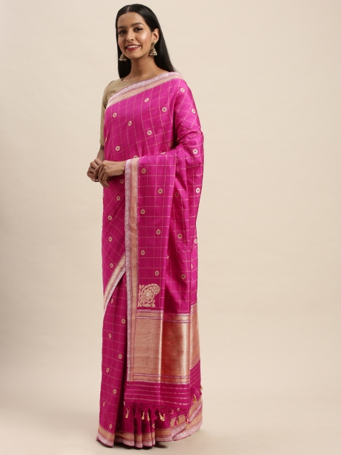 

Taneira Pink & Gold-Toned Pure Silk Checked Banarasi Saree