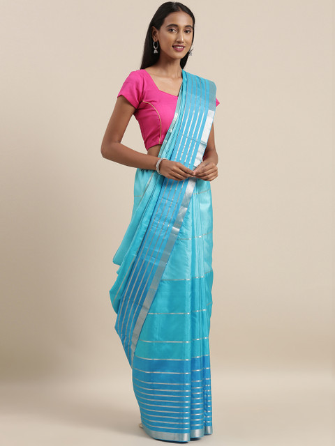 

Taneira Blue & Silver-Coloured Pure Silk Striped Saree