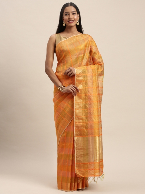 

Taneira Golden & Orange Pure Silk Striped Tussar Saree, Gold