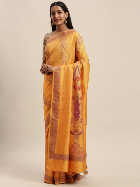 

Taneira Mustard Pure Silk Woven Design Block Print Saree