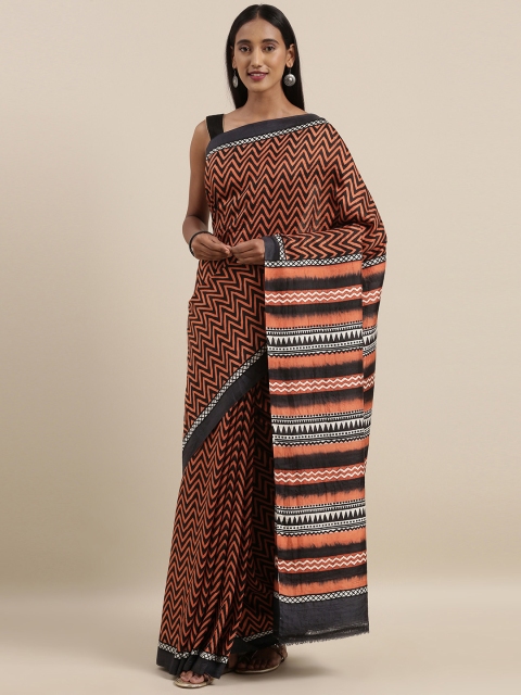

Taneira Black & Orange Pure Silk Chevron Printed Murshidabad silk Saree