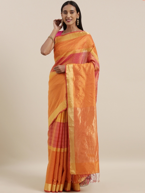 

Taneira Orange & Pink Pure Silk Striped Tussar Saree