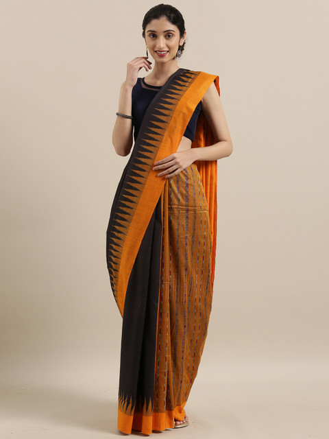 

Taneira Black & Orange Pure Silk Striped Ikat Saree