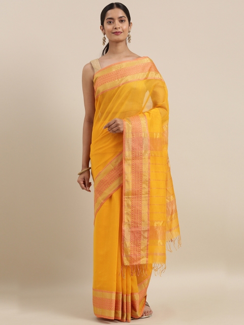 

Taneira Yellow Silk Cotton Solid Maheshwari Saree