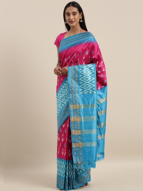 

Taneira Pink & Blue Pure Silk Woven Design Ikat Saree
