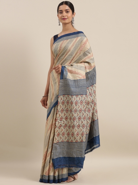 

Taneira Beige & Blue Pure Silk Striped Tussar Saree