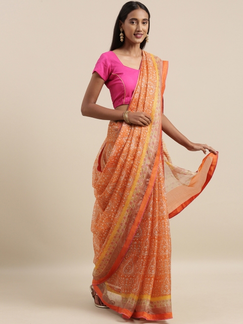 

Taneira Orange & Off-White Pure Silk Printed Kota Saree