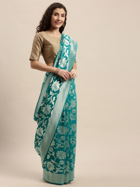 

Taneira Blue & Gold-Toned Pure Georgette Woven Design Banarasi Saree