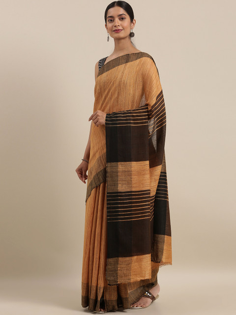 

Taneira Yellow Pure Silk Striped Tussar Saree