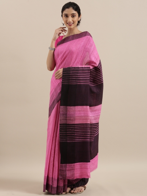 

Taneira Pink & Black Pure Silk Solid Tussar Saree