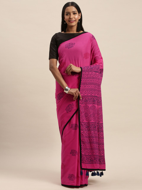 

Taneira Pink & Blue Pure Cotton Block Print Saree