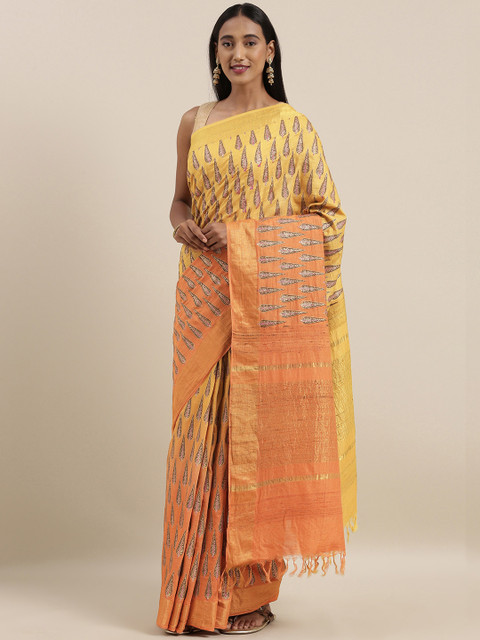 

Taneira Orange & Yellow Pure Silk Ethnic Printed Tussar Saree