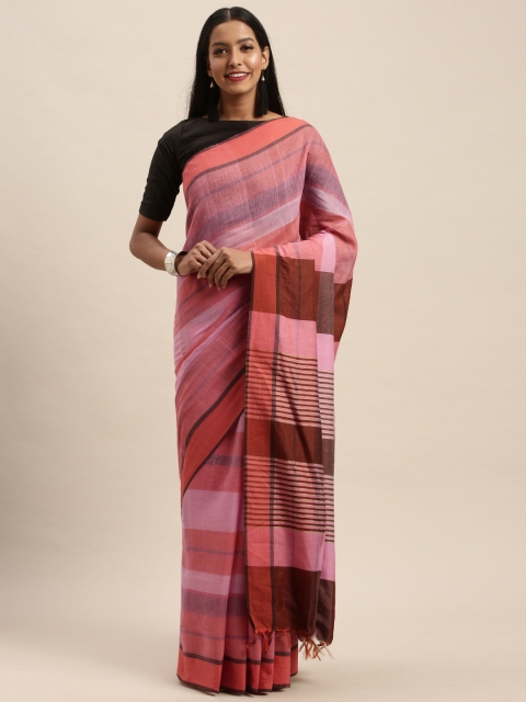

Taneira Coral Red & Brown Pure Silk Striped Bhagalpuri Saree
