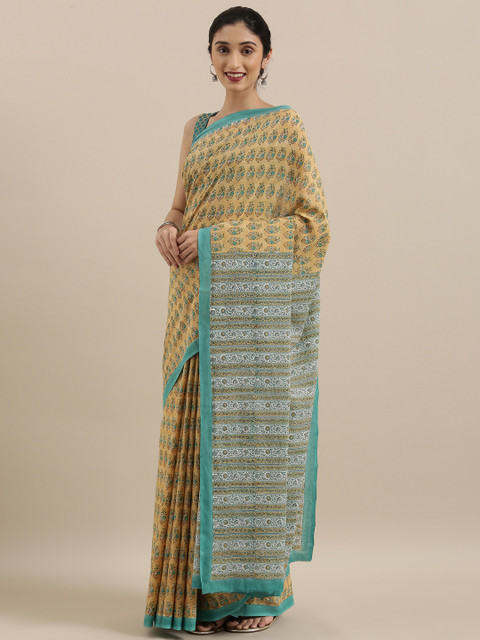 

Taneira Yellow & Blue Pure Cotton Printed Block Print Saree