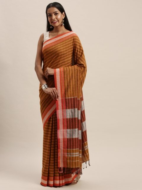 

Taneira Brown & Orange Pure Cotton Checked Saree