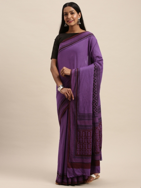 

Taneira Purple Pure Cotton Solid Saree With Block Print Pallu