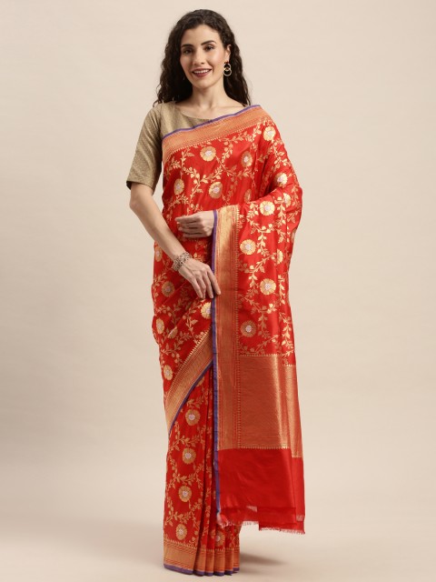 

Taneira Orange & Gold-Toned Pure Silk Woven Design Kanjeevaram Saree
