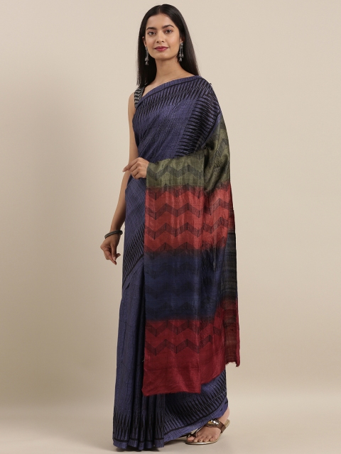 

Taneira Blue & Maroon Pure Silk Printed Tussar Saree