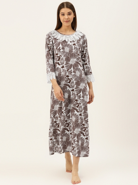 

9teenAGAIN Off-White & Brown Floral Print Maxi Nightdress