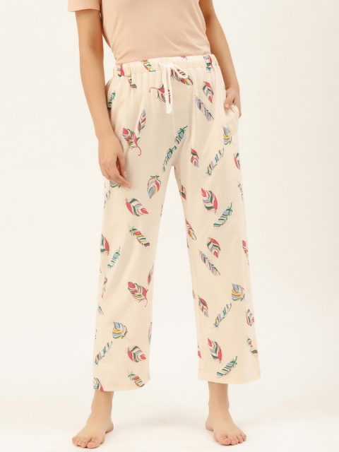 

9teenAGAIN Women Peach-Coloured & Red Feather Print Lounge Pants