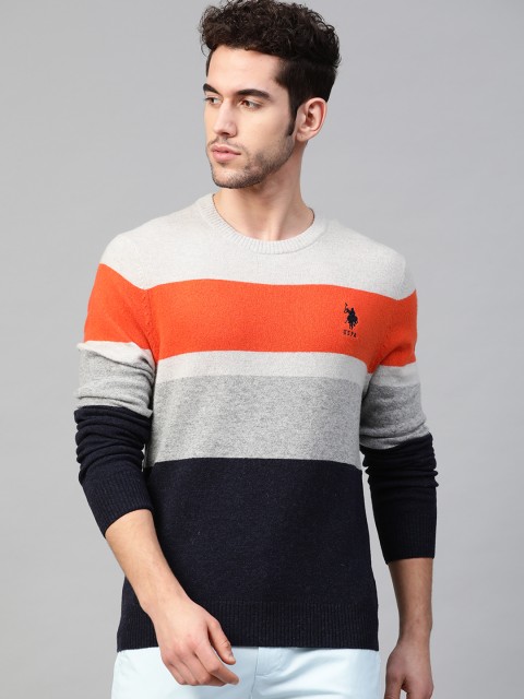 

U.S. Polo Assn. Men Navy Blue & Grey Striped Pullover