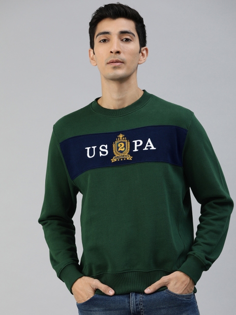 

U.S. Polo Assn. Men Teal Green & Navy Blue Embroidered Pullover Sweatshirt