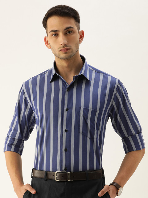 

Hancock Men Navy Blue Slim Fit Striped Formal Shirt