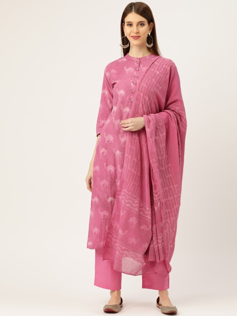 

Prakrti Women Pink Hand Block Daabu Camel Print Kurta with Trousers & Dupatta