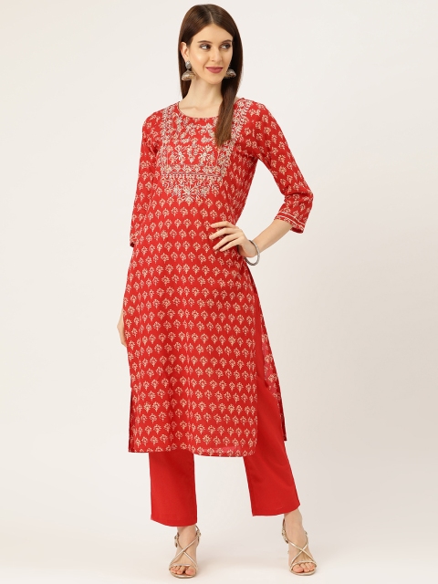 

Prakrti Women Red & Beige Red Printed Kurta with Trousers