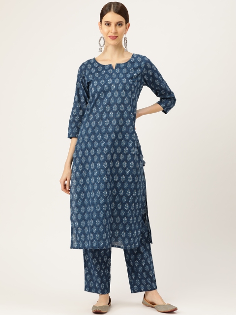 

Prakrti Women Navy Blue & Off-White Floral Buti Printed Kurta with Trousers