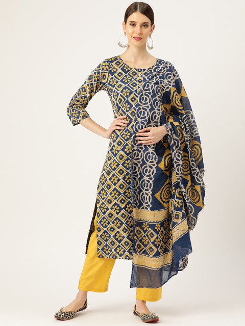 

Prakrti Women Navy Blue & Mustard Geometric Daabu Printed Sustainable Kurta with Trousers & Dupatta