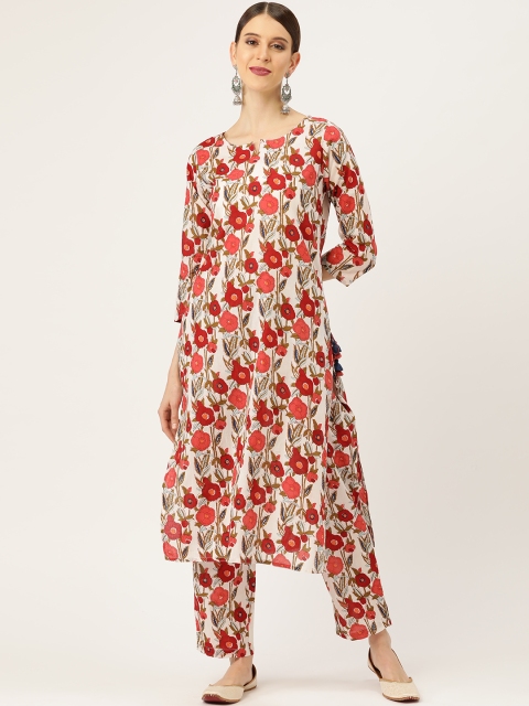 

Prakrti Women White & Red Floral Jaal Print Kurta with Trousers